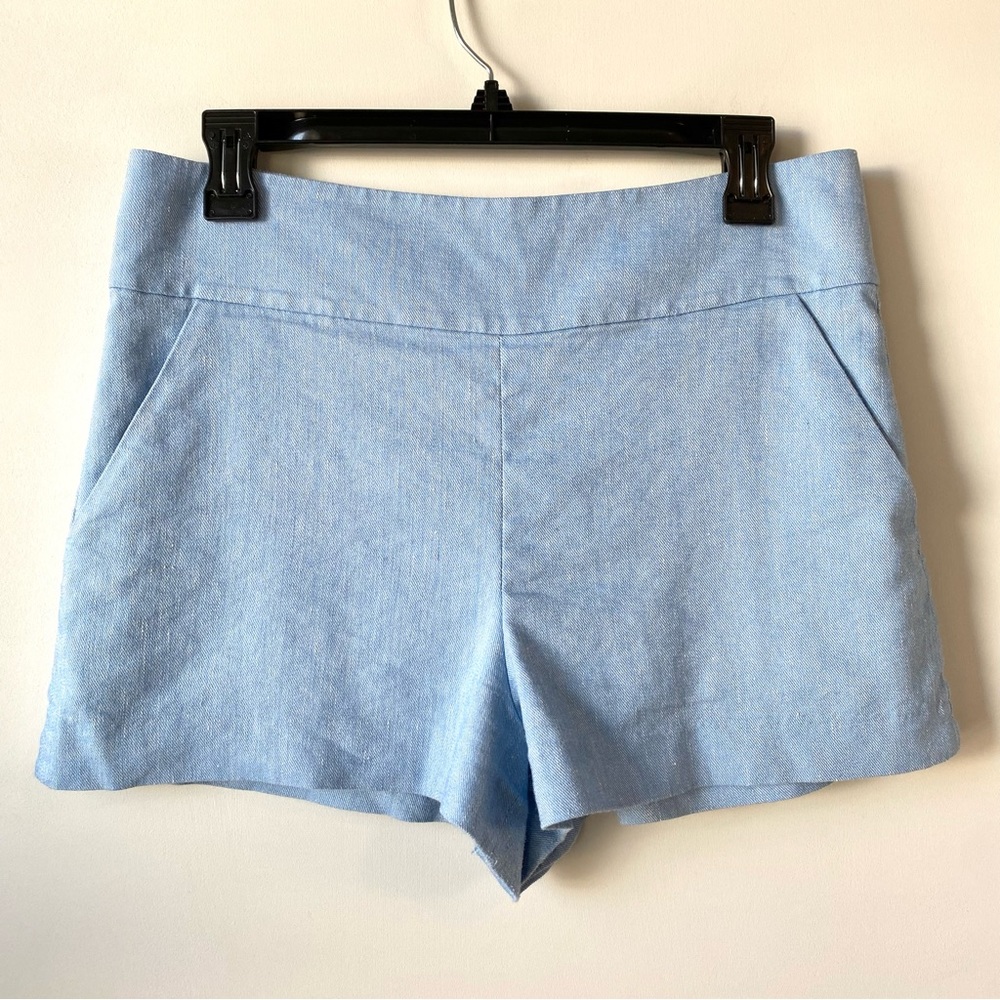 Alice + Olivia Donald High Waist Linen Blend Chambray Shorts Blue 8 - Picture 4 of 10
